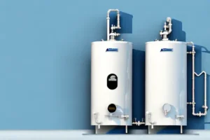 Two tankless water heaters mounted on a blue wall for energy efficient home water heating system