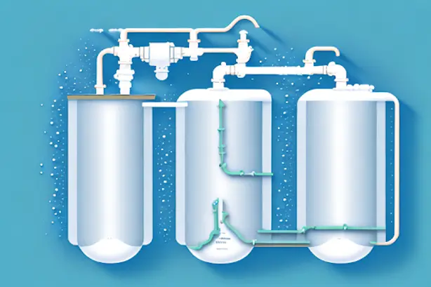 Water softener system diagram illustrating the flow of water through multiple filtration and treatment tanks