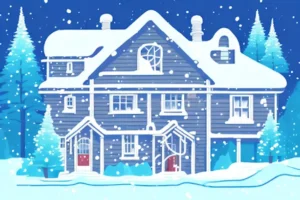 Snow-covered home surrounded by trees illustrating winter weather and the importance of preventing frozen pipes