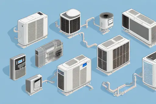 Various residential and commercial HVAC units displayed to illustrate heating and cooling system options