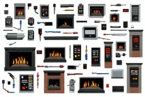 Various gas fireplace components and ignition parts used for troubleshooting and repair in home heating systems