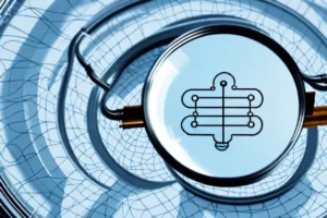 Magnifying glass highlighting an hvac coil symbol representing air conditioning inspection and maintenance